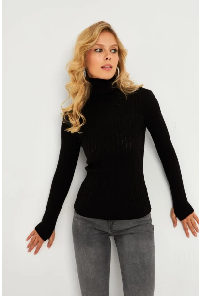 Kadın Siyah Balıkçı Yaka Eldivenli Triko Bluz HNT03