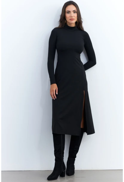 Kadın Siyah Balıkçı Yaka Midi Elbise HOR15