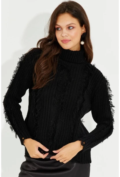 Kadın Siyah Balıkçı Yaka Püsküllü Triko Kazak KZ2471