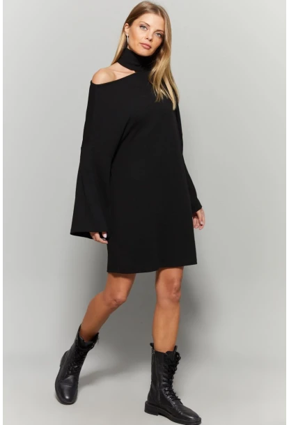 Kadın Siyah Balıkçı Yaka Tek Omuz Elbise Yİ1990