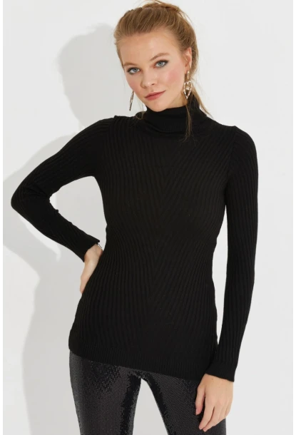 Kadın Siyah Balıkçı Yaka Triko Bluz MMSS128