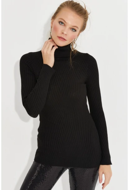 Kadın Siyah Balıkçı Yaka Triko Bluz MSS128