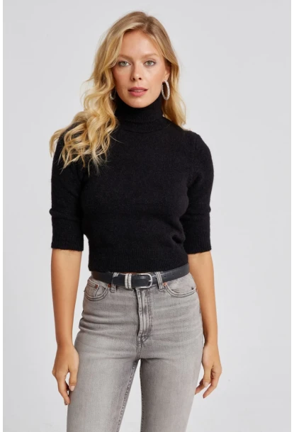 Kadın Siyah Balıkçı Yaka Triko Kazak KZ2499