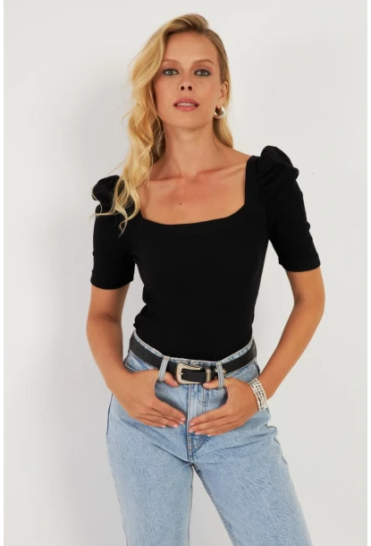 Kadın Siyah Balon Kol Kaşkorse Bluz XL2019