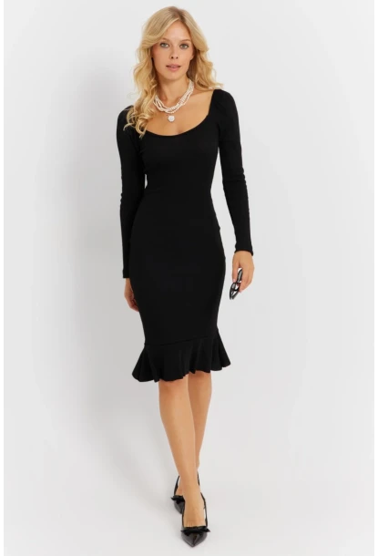 Kadın Siyah Balon Kol Kaşkorse Midi Elbise EY2855