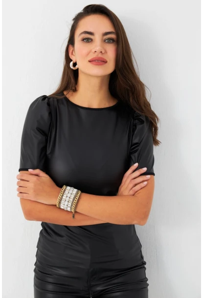 Kadın Siyah Balon Kol Sıvama Bluz TF35