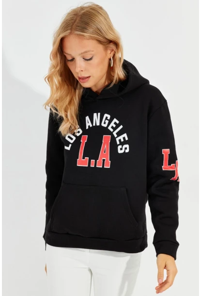 Kadın Siyah Baskılı Kapüşonlu Sweatshirt DA146