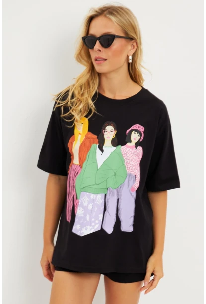Kadın Siyah Baskılı T-Shirt DY1329