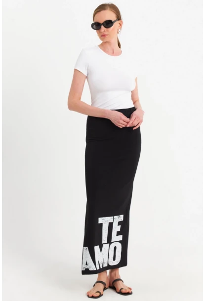 Kadın Siyah Baskılı Yırtmaçlı Midi Etek TPG09
