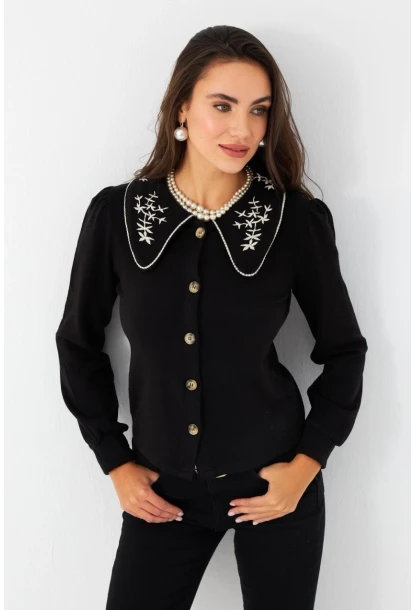 Kadın Siyah Bebe Yaka Nakışlı Gömlek MQS5378