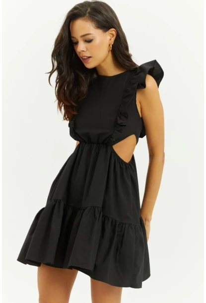 Kadın Siyah Bel Dekolteli Volanlı Mini Elbise SF1523