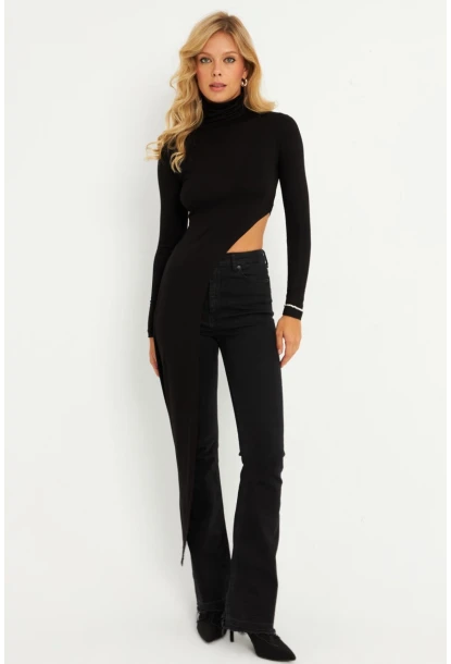 Kadın Siyah Beli Açık Asimetrik Balıkçı Uzun Bluz EY2902