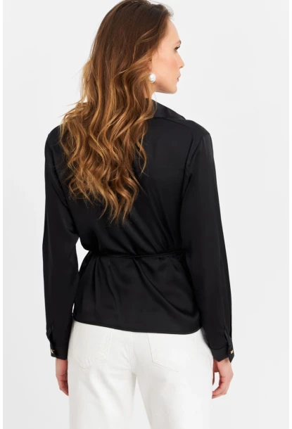Kadın Siyah Beli Bağlamalı Saten Gömlek MMRS4212