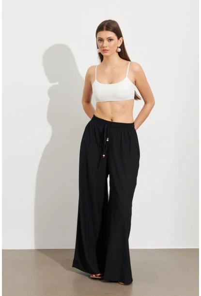 Kadın Siyah Beli Lastikli Bürümcük Pantolon ROP105