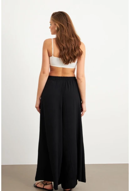 Kadın Siyah Beli Lastikli Cepli Palazzo Pantolon Sİ1155