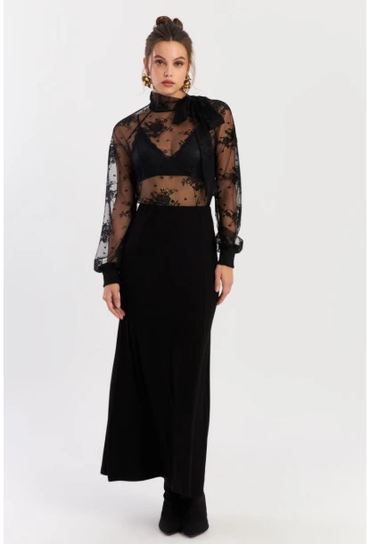 Kadın Siyah Beli Lastikli Evoze Maxi Etek EY2923