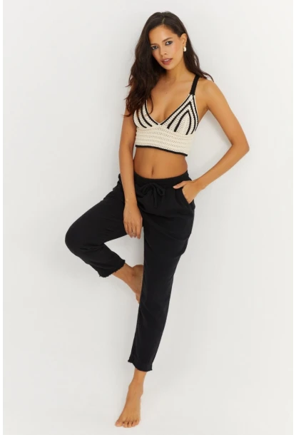 Kadın Siyah Beli Lastikli Muslin Pantolon İS3873