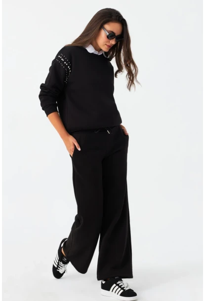 Kadın Siyah Beli Lastikli Palazzo Eşofman Altı ZM30