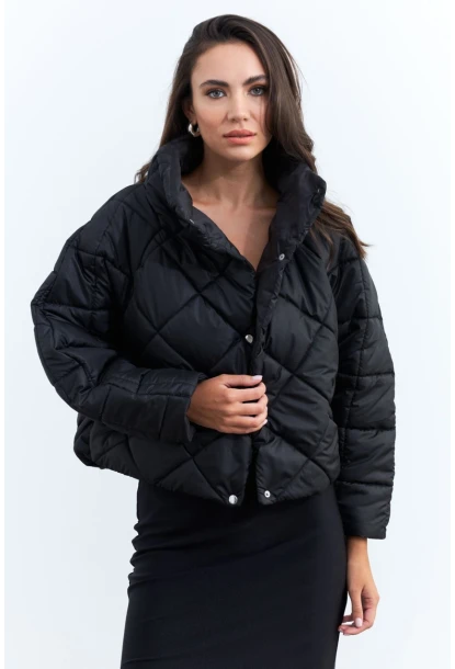 Kadın Siyah Beli Lastikli Yarasa Kol Şişme Mont MX11