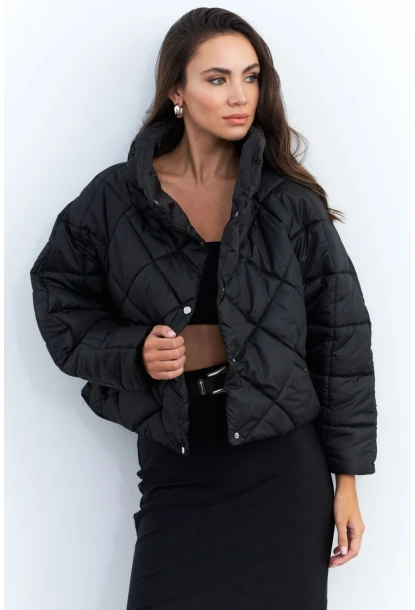 Kadın Siyah Beli Lastikli Yarasa Kol Şişme Mont MX11