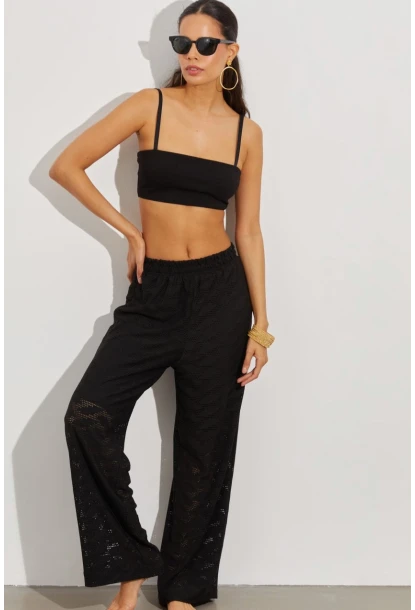Kadın Siyah Beli Lastikli Yarım Astarlı Brode Pantolon TW80018