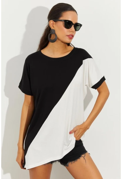 Kadın Siyah-Beyaz Asimetrik Bloklu Bluz ST2024