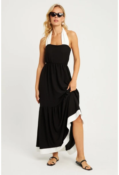 Kadın Siyah-Beyaz Bürümcük Volanlı Midi Elbise EY2836