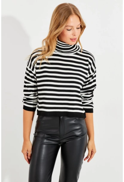 Kadın Siyah-Beyaz Çizgili Balıkçı Kısa Bluz YV201