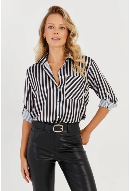 Kadın Siyah-Beyaz Çizgili Saten Gömlek SF2536