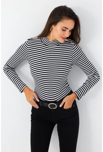 Kadın Siyah-Beyaz Düğme Detaylı Çizgili Bluz MAYD14
