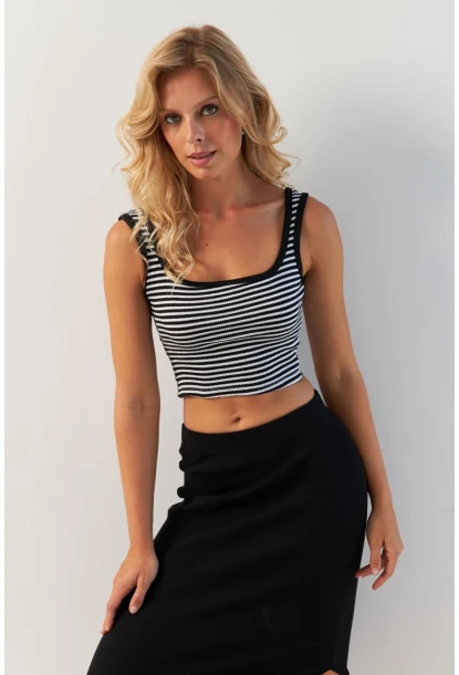 Kadın Siyah-Beyaz Kare Yaka Çizgili Bluz XL2036