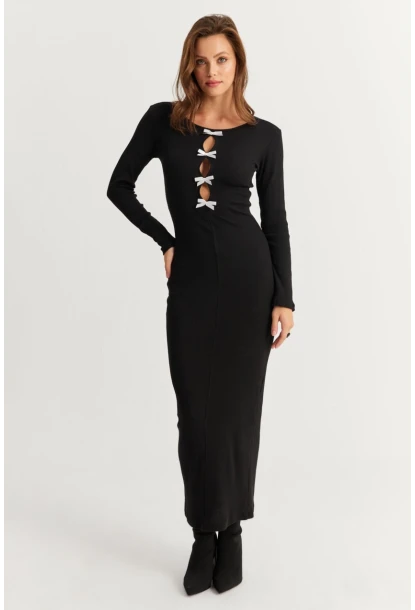 Kadın Siyah-Beyaz Kurdele Detaylı Kaşkorse Maxi Yılbaşı Elbise XL2043