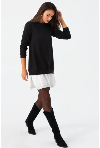 Kadın Siyah-Beyaz Leopar  Desenli Sweat Elbise B16