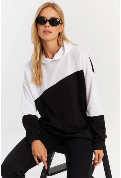Kadın Siyah-Beyaz Renk Bloklu Kapüşonlu Sweatshirt DA148