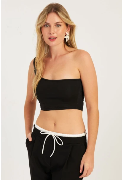 Kadın Siyah-Beyaz Tek Omuz İkili Crop Bluz CG347