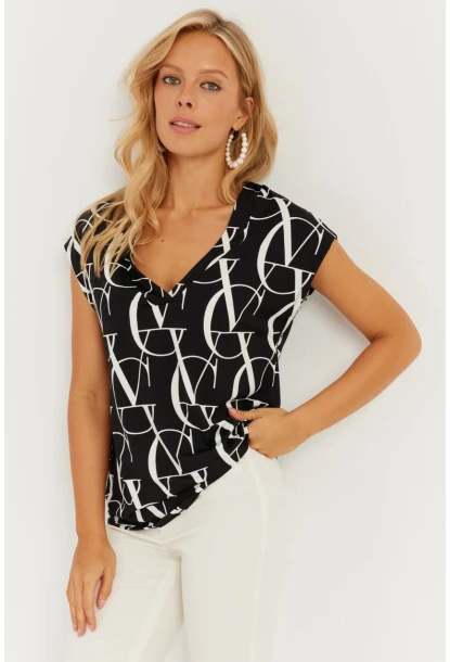 Kadın Siyah-Beyaz V Yaka Desenli Bluz AYD293