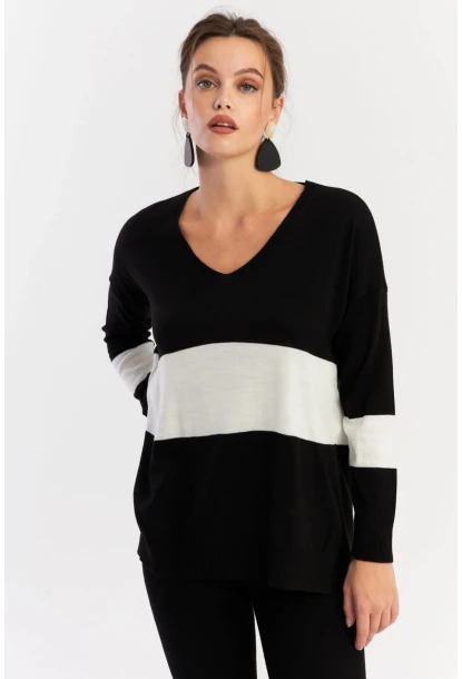 Kadın Siyah-Beyaz V Yaka Triko Bluz YİL555