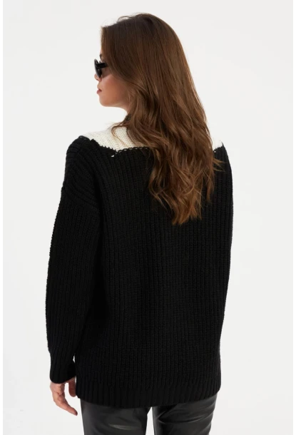 Kadın Siyah-Beyaz V Yaka Triko Kazak SMT2434