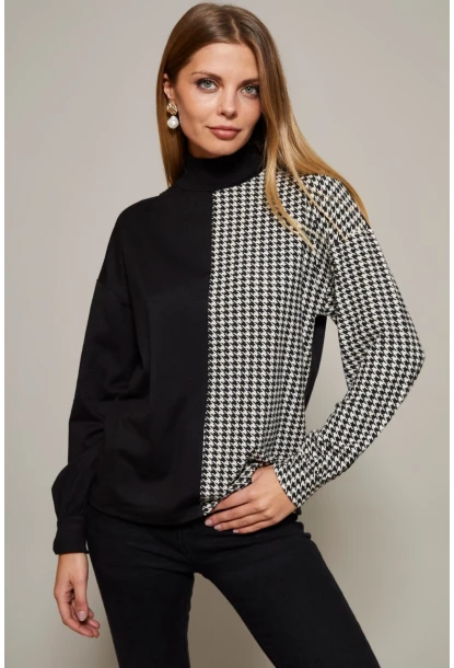 Kadın Siyah-Beyaz Yarım Balıkçı Kazayağı Desen Bluz Yİ2037