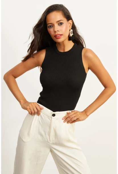 Kadın Siyah Bisiklet Yaka Triko Bluz YV91