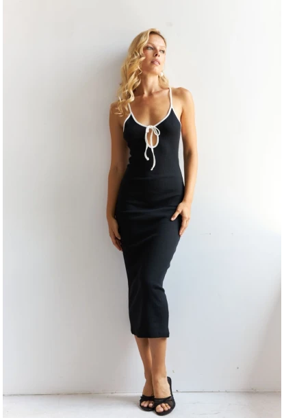 Kadın Siyah Biyeli Kaşkorse Midi Elbise XL2024