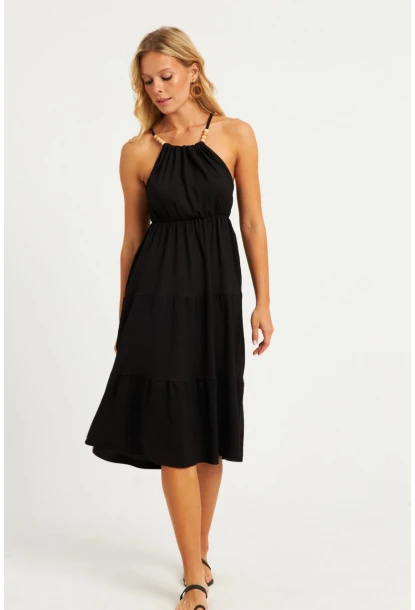 Kadın Siyah Boncuk Detaylı Bürümcük Midi Elbise HO52