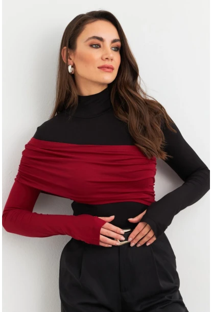 Kadın Siyah-Bordo Bloklu Bluz EY3018