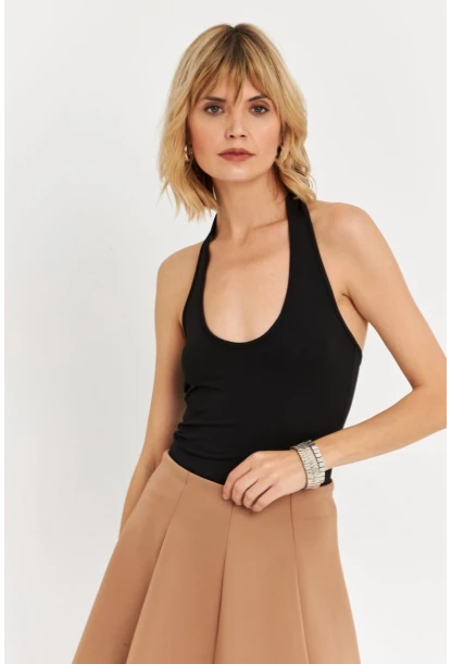 Kadın Siyah Boyun Askılı Crop Bluz TF69