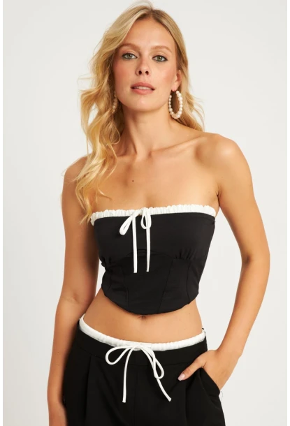 Kadın Siyah Boyun Bağlamalı Crop Bluz MON133