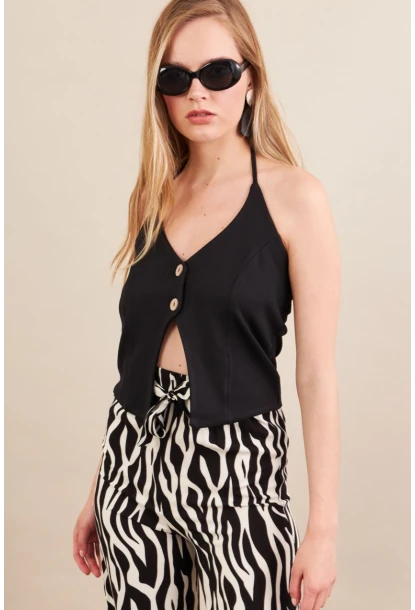 Kadın Siyah Boyun Bağlamalı Düğmeli Yelek FLU7304