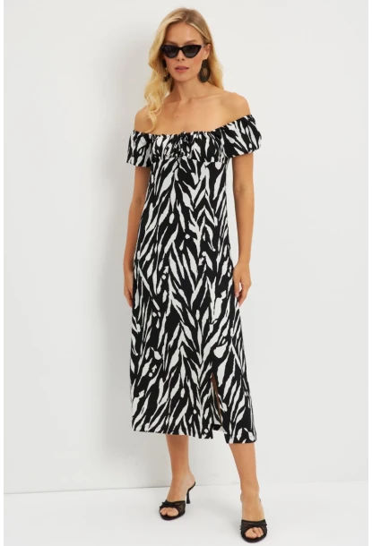 Kadın Siyah Bürümcük Büzgülü Midi Elbise DY105