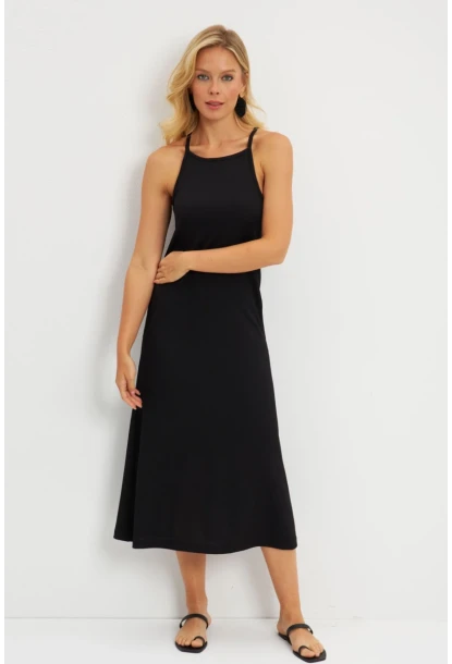Kadın Siyah Bürümcük Halter Yaka Midi Elbise DMR166