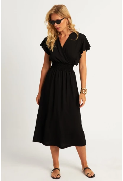 Kadın Siyah Bürümcük Kruvaze Midi Elbise XL2008