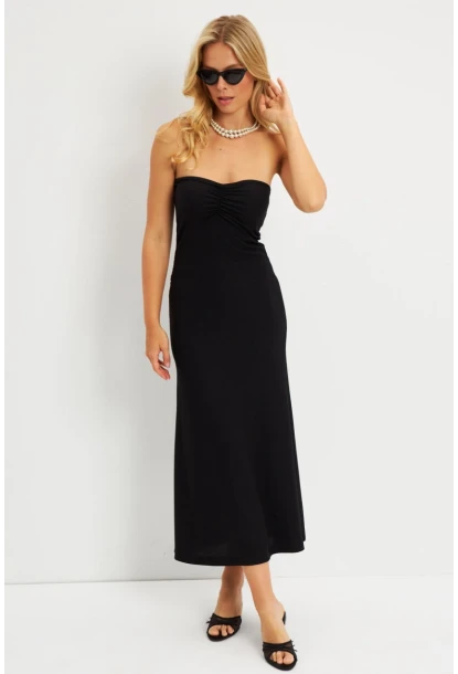 Kadın Siyah Bürümcük Straplez Midi Elbise EY2787